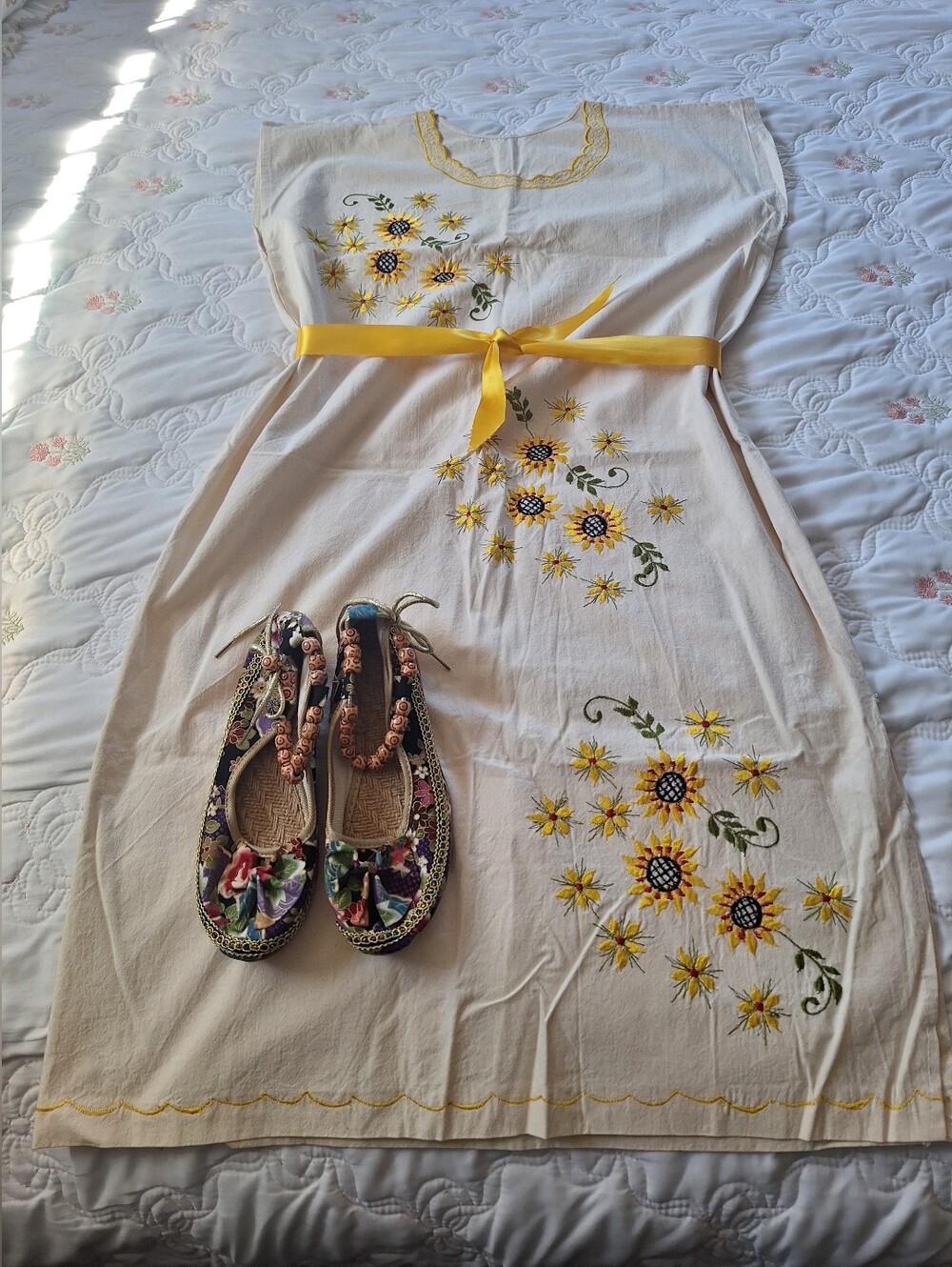 Hand-Embroidered Cream Maxi Dress with Yellow Sunflower Accents and Sash